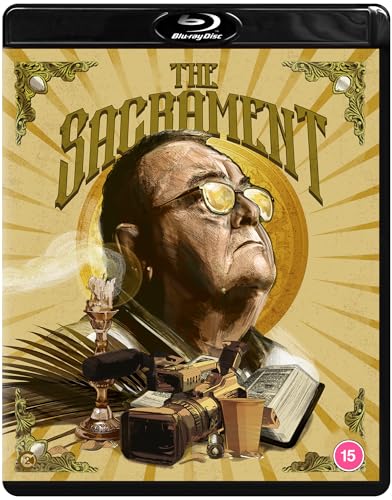 Blu-ray cover for "The Sacrament" featuring a man with glasses and religious imagery.