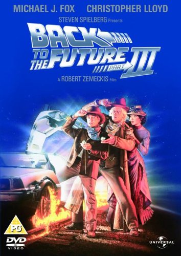 Back to the Future Part III DVD cover with car and characters.