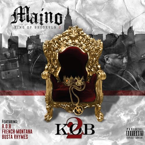 Maino’s “K.O.B. 2” album cover with a gold throne and city skyline.
