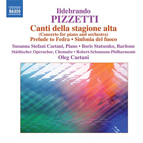 CD cover for Pizzetti’s “Canti Della Stagione” with abstract blue and red design.