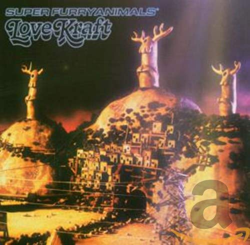 Album cover for Super Furry Animals’ “Love Kraft” with surreal, antlered figures.