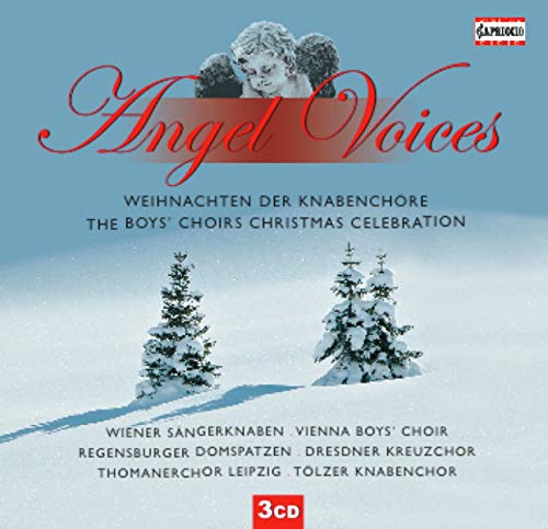 CD cover for "Angel Voices" featuring angels, snow, and Christmas trees.