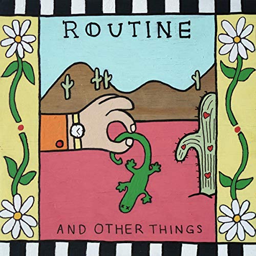 Painted album cover with flowers, a hand, lizard, and cactus.