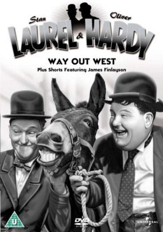 Laurel and Hardy with a donkey on the DVD cover for "Way Out West.