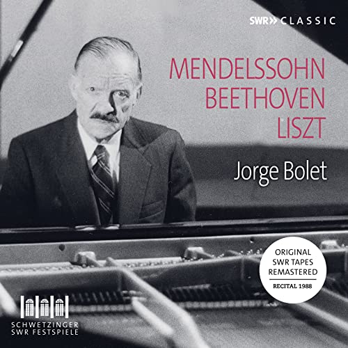 Black and white CD cover featuring pianist Jorge Bolet at a piano.