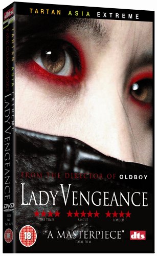 DVD cover for "Lady Vengeance" featuring a close-up of a woman’s intense gaze.