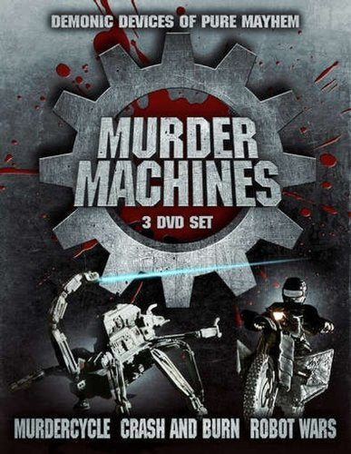 DVD cover for "Murdermachines" featuring robots, gears, and red splatter.