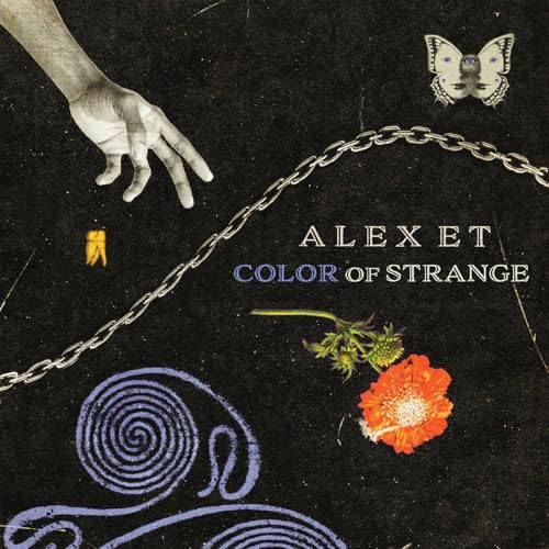 Album cover: hand, butterfly, chain, flower, and spiral on black background.