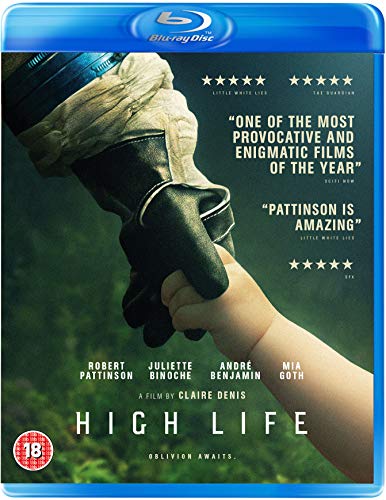 Blu-ray cover for “High Life” featuring a gloved hand holding a baby.