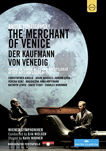 DVD cover for Tchaikovsky’s “The Merchant of Venice” opera, two men onstage.