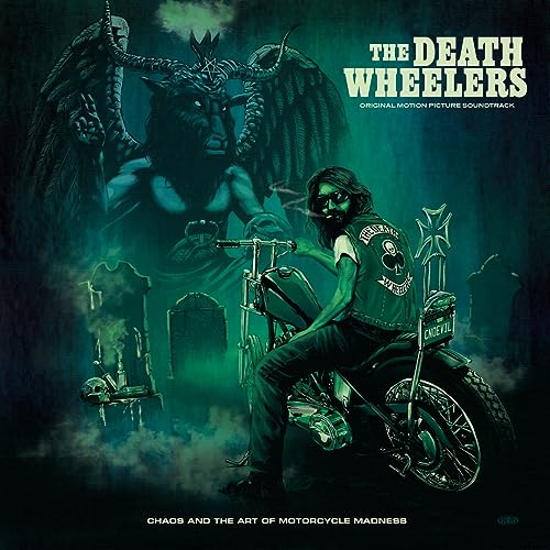 Vinyl record cover: biker with motorcycle, demonic figure, and graveyard scene.