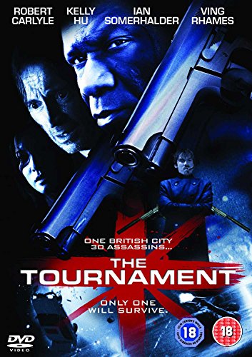 DVD cover art for The Tournament featuring actors, a large handgun, and blue lighting.