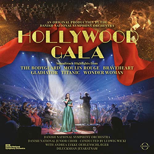 CD cover: Danish National Symphony Orchestra’s “Hollywood Gala” with a singer onstage.