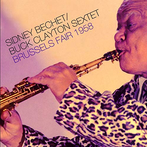 Sidney Bechet playing a saxophone, album cover for "Brussels Fair 1958".