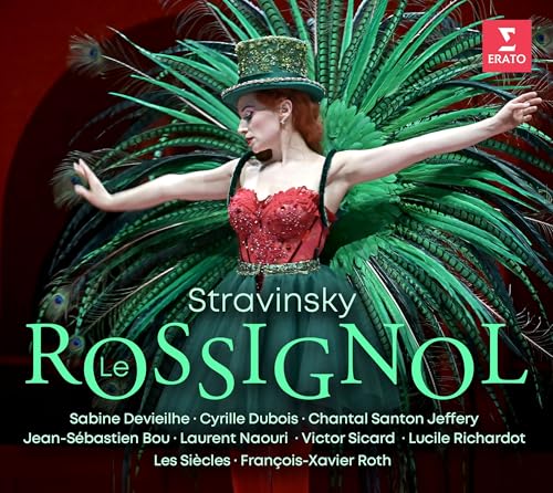 Woman in red costume with feathered wings, album cover for Stravinsky’s Le Rossignol.