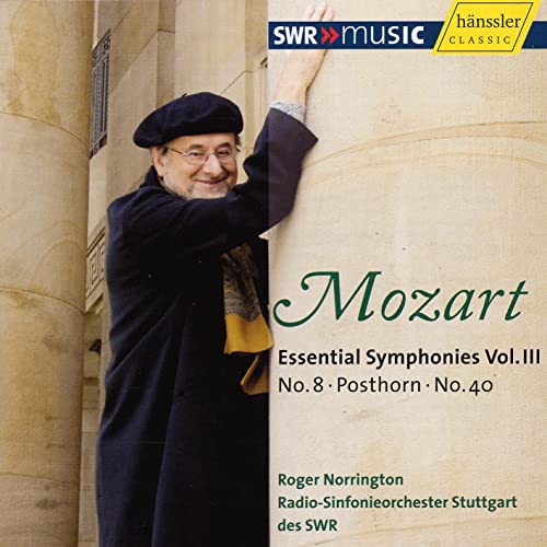 CD cover featuring conductor Roger Norrington and "Mozart Essential Symphonies.