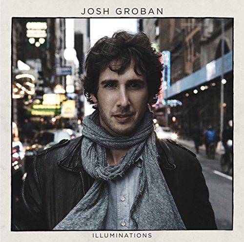 Josh Groban album cover, portrait with city background and scarf.