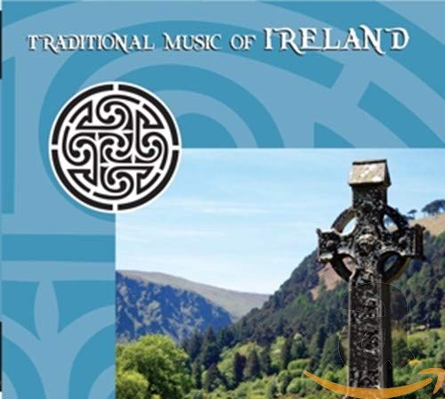 CD cover: Irish landscape with a Celtic cross and knot design.