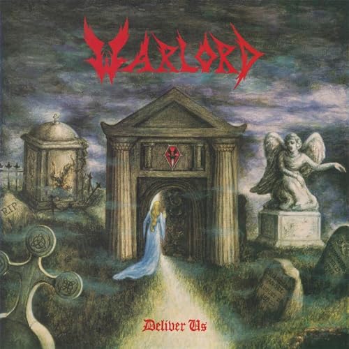 Album cover showing a woman in a blue dress entering a stone mausoleum graveyard.
