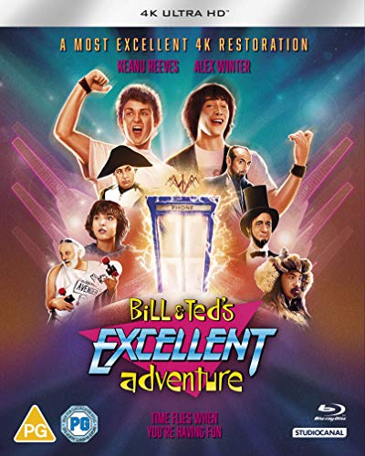 Bill & Ted's Excellent Adventure" 4K Blu-ray cover with characters and a phone booth.