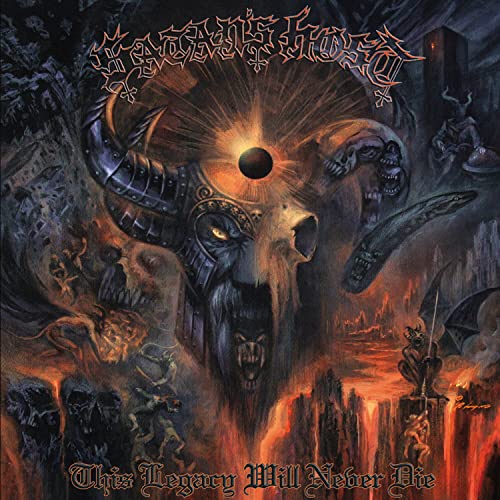 CD cover art: demonic imagery, horned skull, eclipse, and fiery landscape.