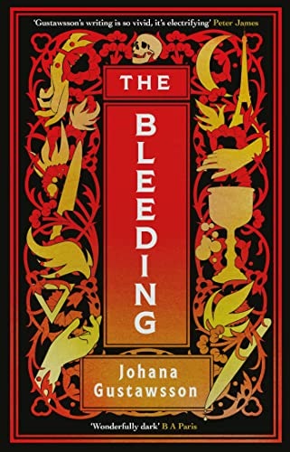 Book cover for “The Bleeding” with red text and ornate gold illustrations.