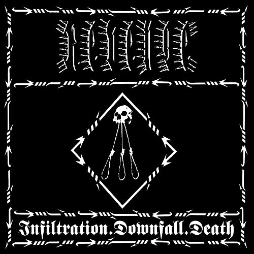 Black and white album cover with barbed wire border, skull, nooses, and text.