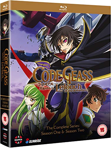 Code Geass Blu-ray box art featuring Lelouch, C.C., and Suzaku with a mecha background.