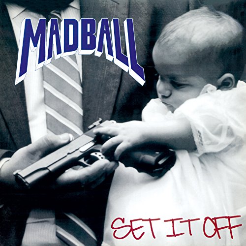 A black and white image of a baby holding a handgun with Madball text.