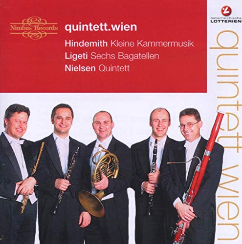 CD cover featuring five musicians with wind instruments, titled “Nielsen / Hindemith / Ligeti.”