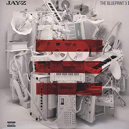 Jay-Z’s “The Blueprint 3” album cover with stacked vintage audio equipment.