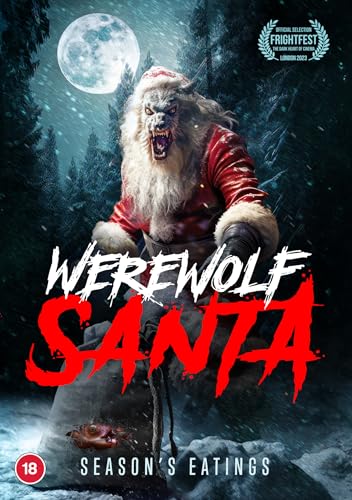 Werewolf in Santa suit snarling, snowy forest background, DVD cover.