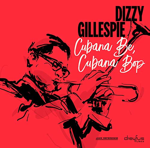 Dizzy Gillespie playing trumpet, red background, album cover art.