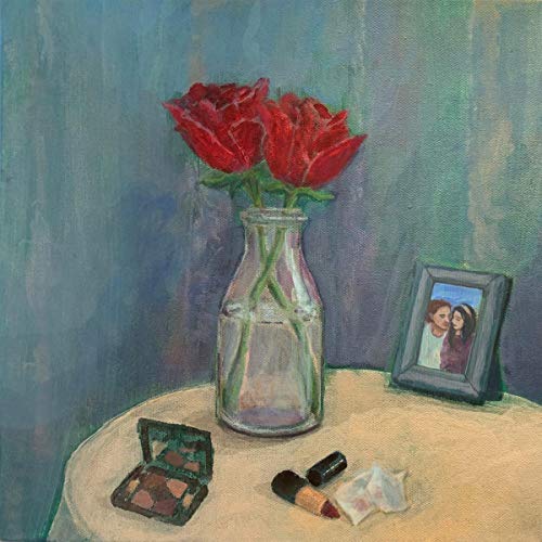 Still life painting of flowers, a photo, and makeup on a table.