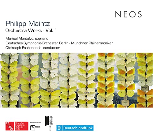 CD cover for Philipp Maintz's "Orchestra Works Vol. 1" with butterfly image.