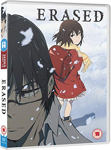 Erased" DVD cover featuring two anime characters in a snowy landscape.