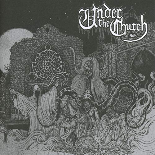 Dark album cover with gothic lettering, a ruined church, and monstrous figures.