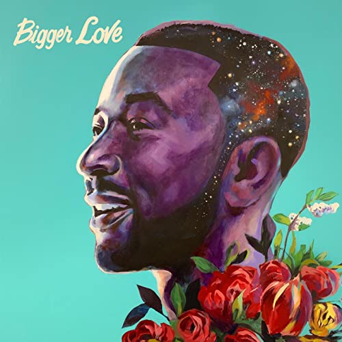 Painted portrait of John Legend with red flowers, album cover for "Bigger Love".