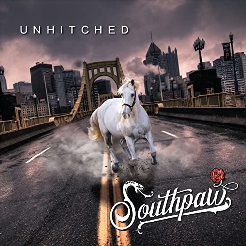 CD cover: white horse running on a bridge with a city backdrop.