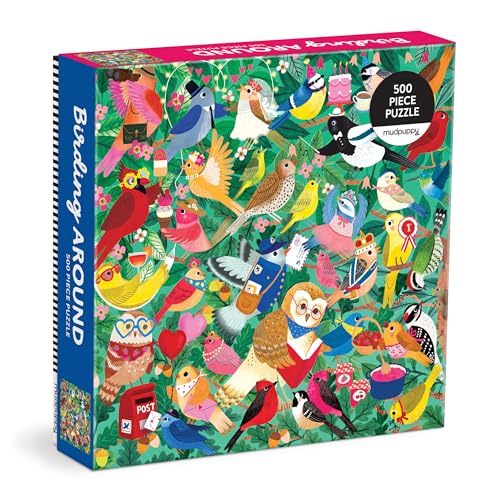 Jigsaw puzzle with bird themed image, 500 pieces, various colors and nature scenery.