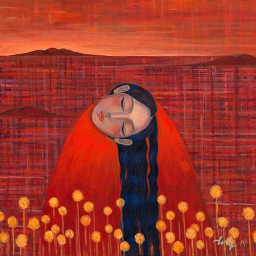 Painting of a woman with closed eyes in a red, textured landscape.