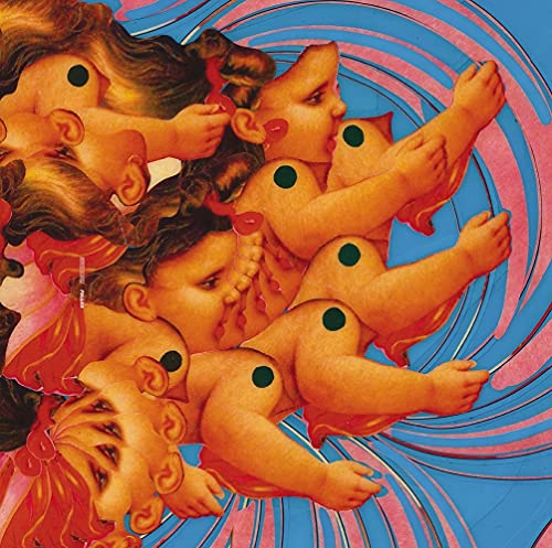 Collage of baby figures with dark circles on a swirling pink and blue background.