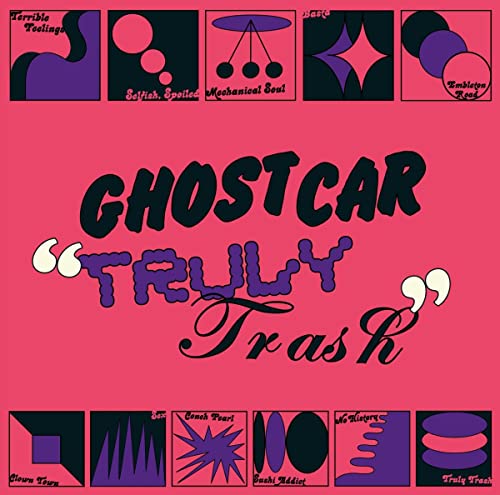 Ghost Car album cover: pink background with purple graphic elements and text.