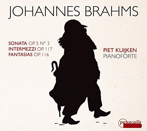 CD cover: Silhouette of a man with an umbrella, Brahms piano music.