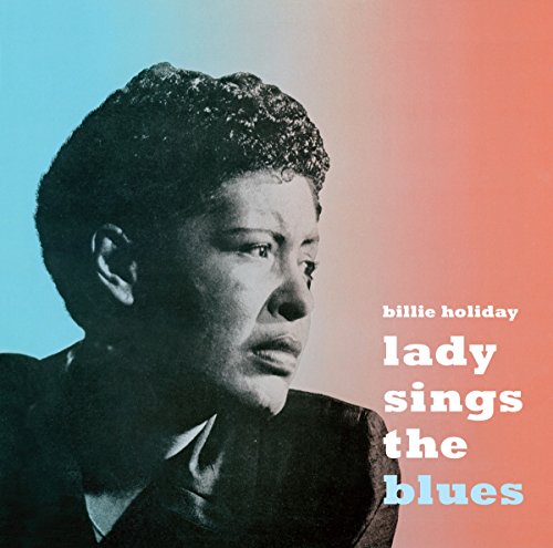Billie Holiday portrait on album cover with blue and red gradient.