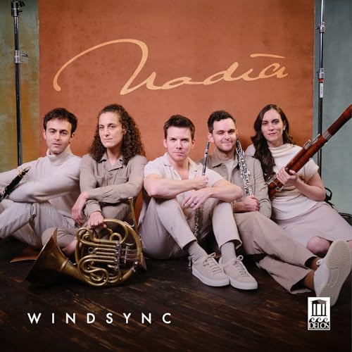 Windsync ensemble posing with instruments, album cover for "Nadia.