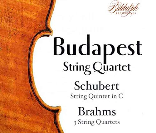 CD cover featuring a violin and text: Budapest Strings play Schubert.