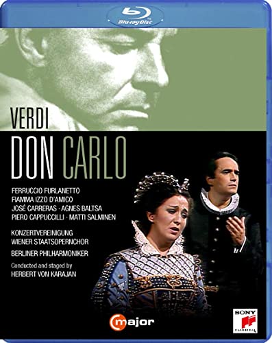 Blu-ray cover for Verdi’s "Don Carlo" opera featuring cast portraits.
