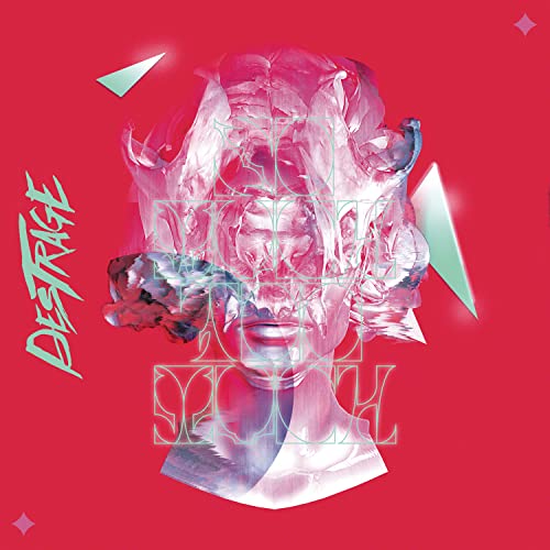 Red album cover with distorted face and abstract geometric shapes.