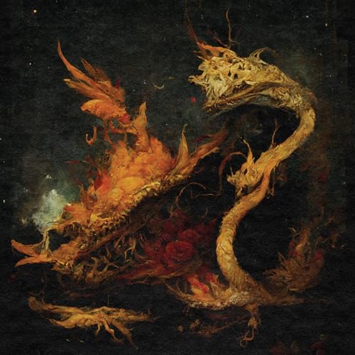 Dark, textured painting of a serpentine dragon engulfed in flames.